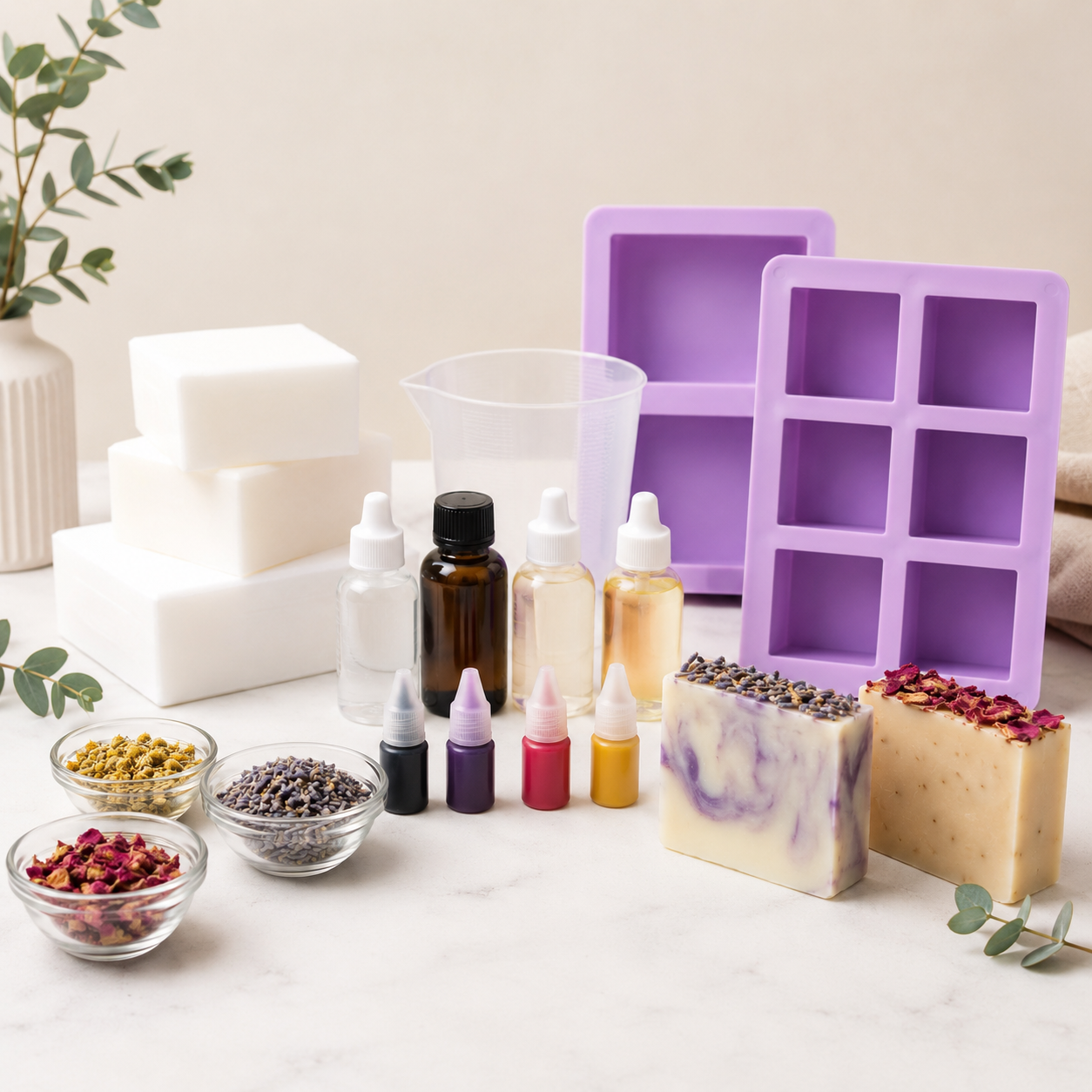 DIY Soap Making Kit – Handmade Soap Craft Set with Silicone Molds, Soap Base, Fragrance Oils, Dried Flowers & Color Drops for Creative Home Gifts
