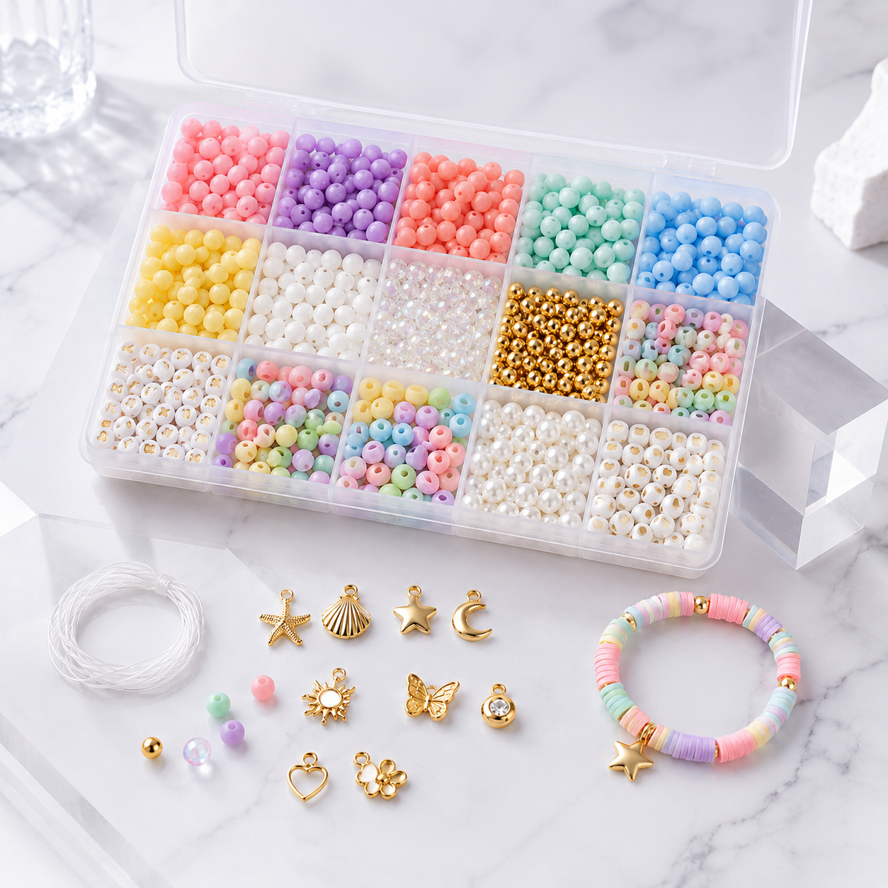 Colorful DIY Beaded Bracelet Making Kit – Pastel Beads, Charms & Elastic Cord Set for Friendship Bracelets, Jewelry Crafts & Creative Gift Making