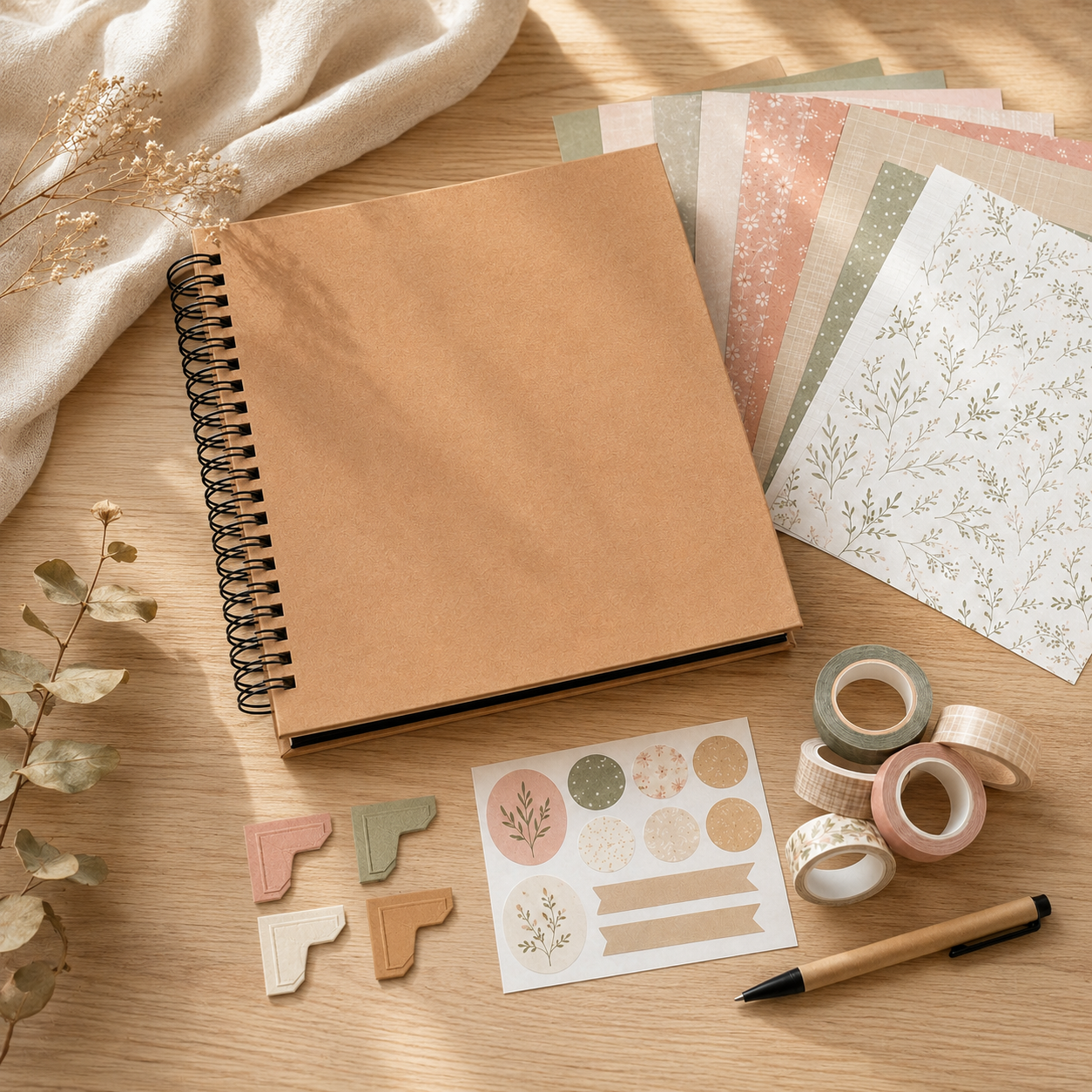 DIY Scrapbook Album Kit – Kraft Spiral Photo Album with Decorative Paper, Washi Tape & Stickers for Memory Books, Journaling & Handmade Gifts