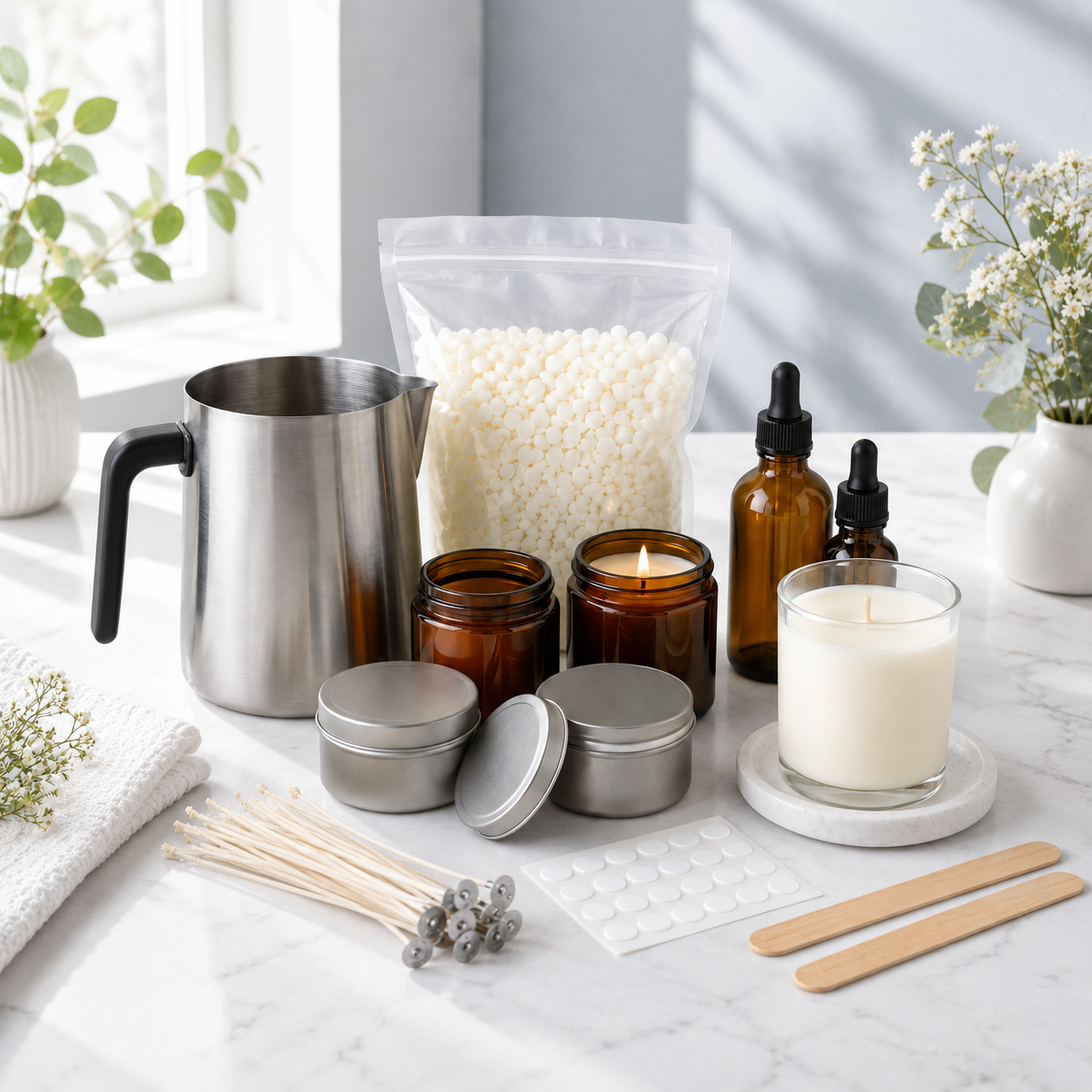 DIY Candle Making Kit – Wax Beads, Melting Pitcher, Amber Jars, Wicks & Candle Supplies for Handmade Candles, Home Décor & Creative Gifts