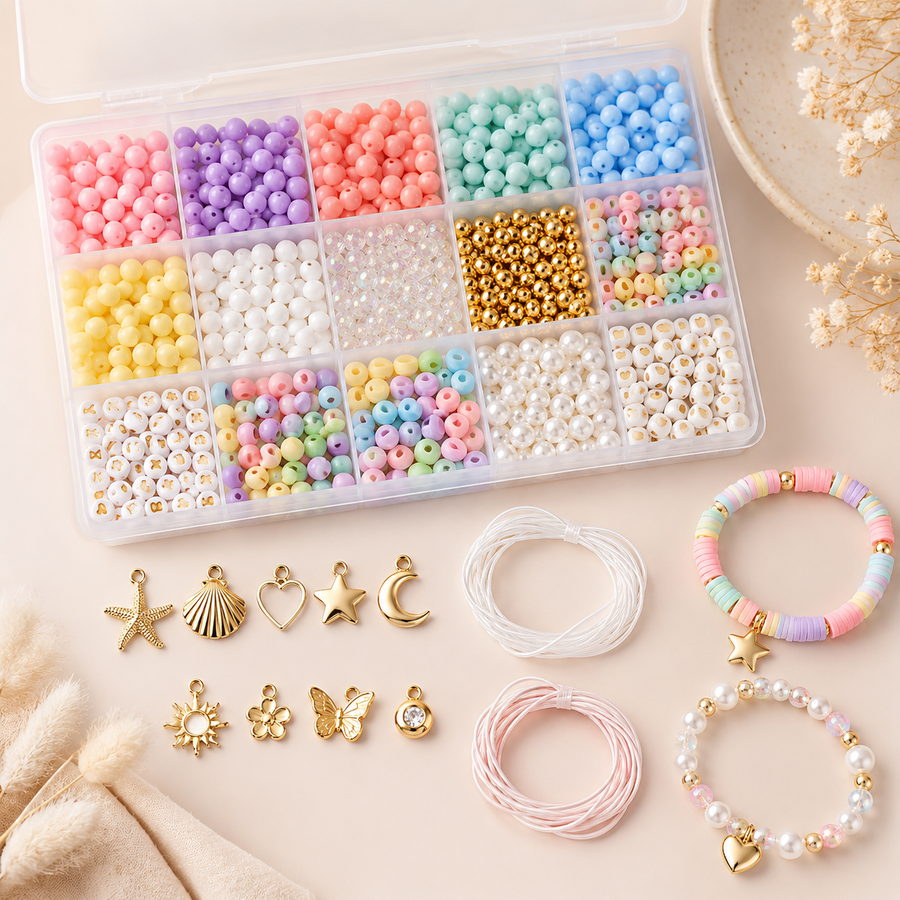Colorful DIY Beaded Bracelet Making Kit – Pastel Beads, Charms & Elastic Cord Set for Friendship Bracelets, Jewelry Crafts & Creative Gift Making