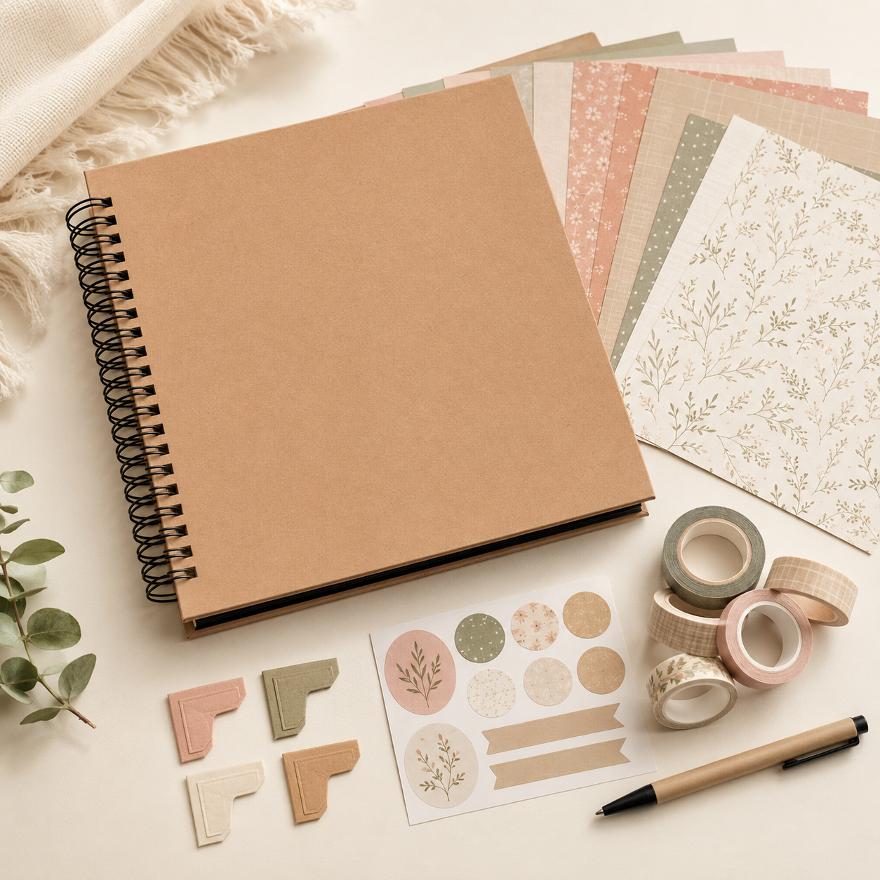DIY Scrapbook Album Kit – Kraft Spiral Photo Album with Decorative Paper, Washi Tape & Stickers for Memory Books, Journaling & Handmade Gifts