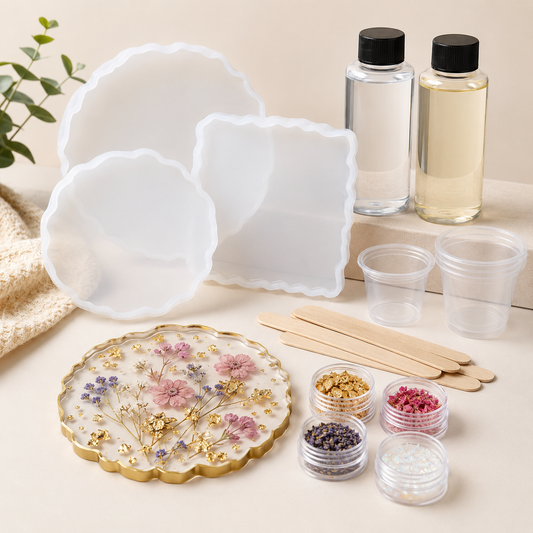 DIY Floral Resin Coaster Kit – Silicone Molds, Dried Flowers, Gold Flakes & Resin Craft Supplies for Handmade Trays, Coasters & Creative Gifts