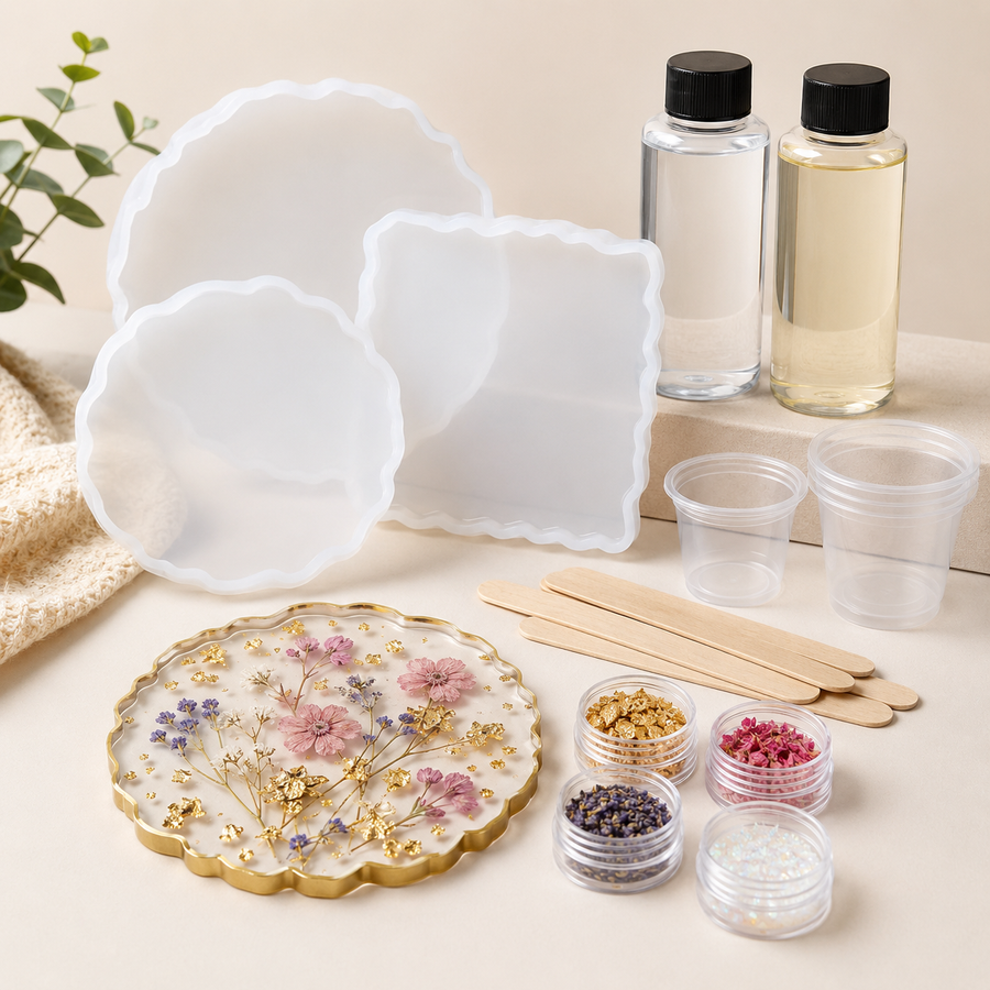 DIY Floral Resin Coaster Kit – Silicone Molds, Dried Flowers, Gold Flakes & Resin Craft Supplies for Handmade Trays, Coasters & Creative Gifts