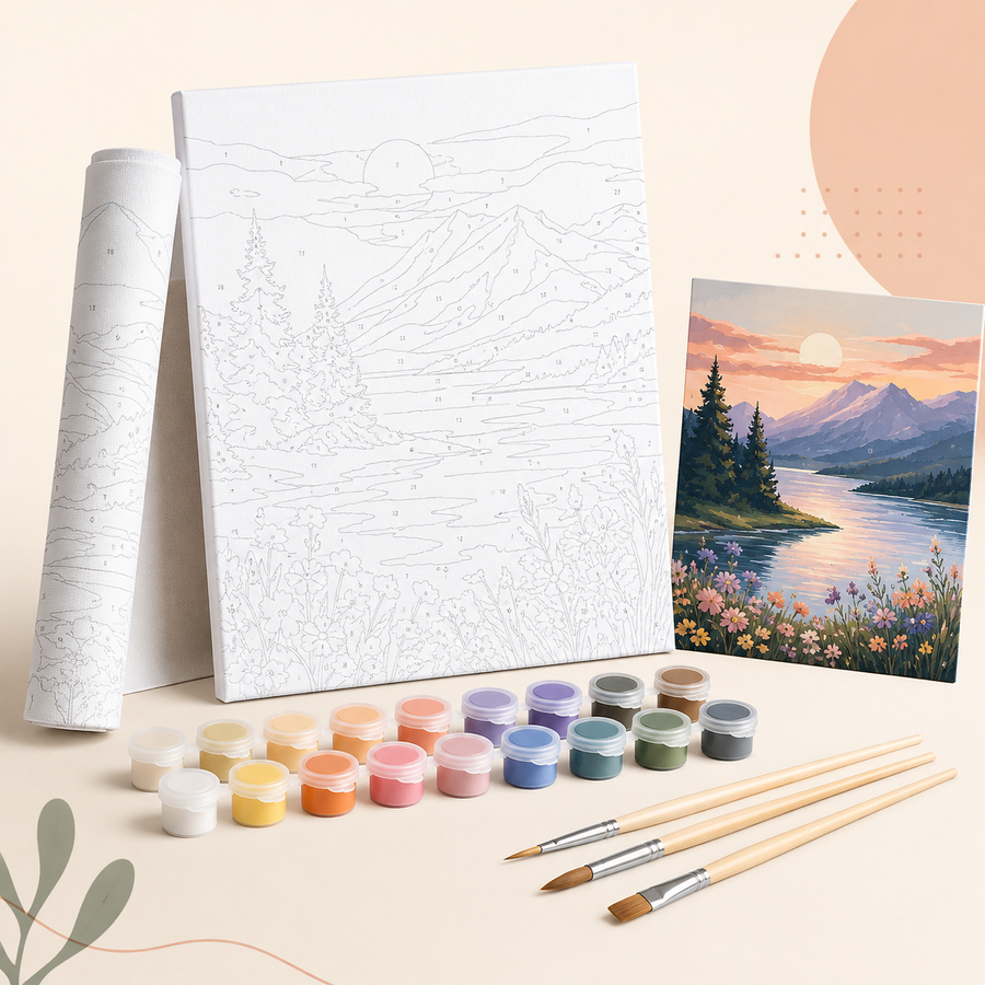 DIY Paint By Numbers Landscape Kit – Numbered Canvas Painting Set with Acrylic Paints, Brushes & Reference Art for Relaxing Home Creativity