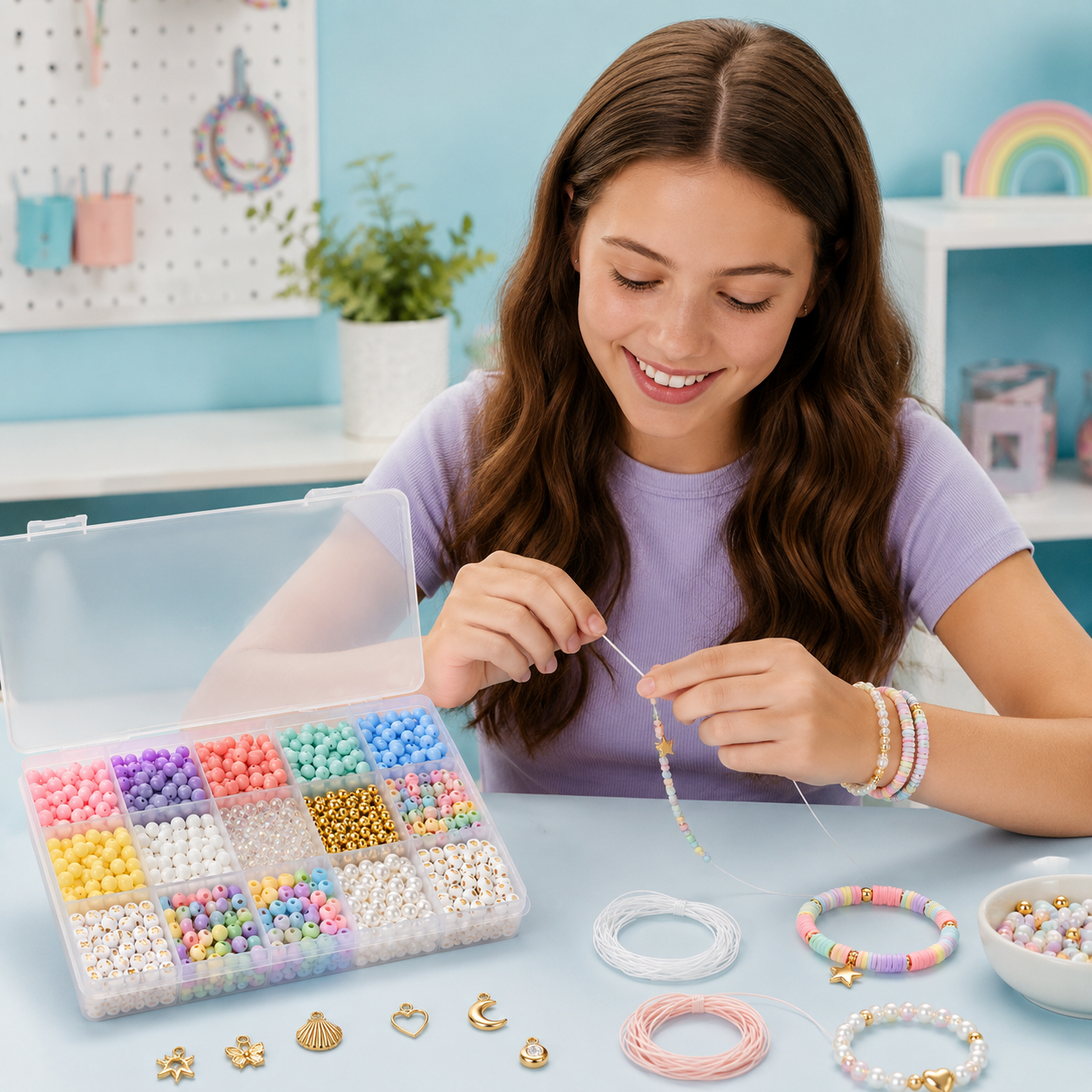 Colorful DIY Beaded Bracelet Making Kit – Pastel Beads, Charms & Elastic Cord Set for Friendship Bracelets, Jewelry Crafts & Creative Gift Making
