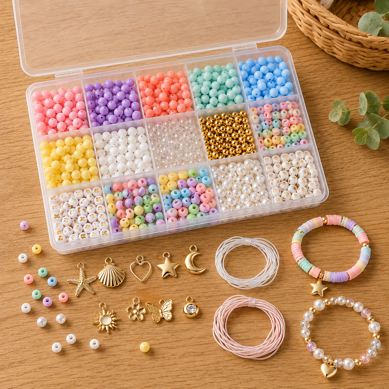 Colorful DIY Beaded Bracelet Making Kit – Pastel Beads, Charms & Elastic Cord Set for Friendship Bracelets, Jewelry Crafts & Creative Gift Making