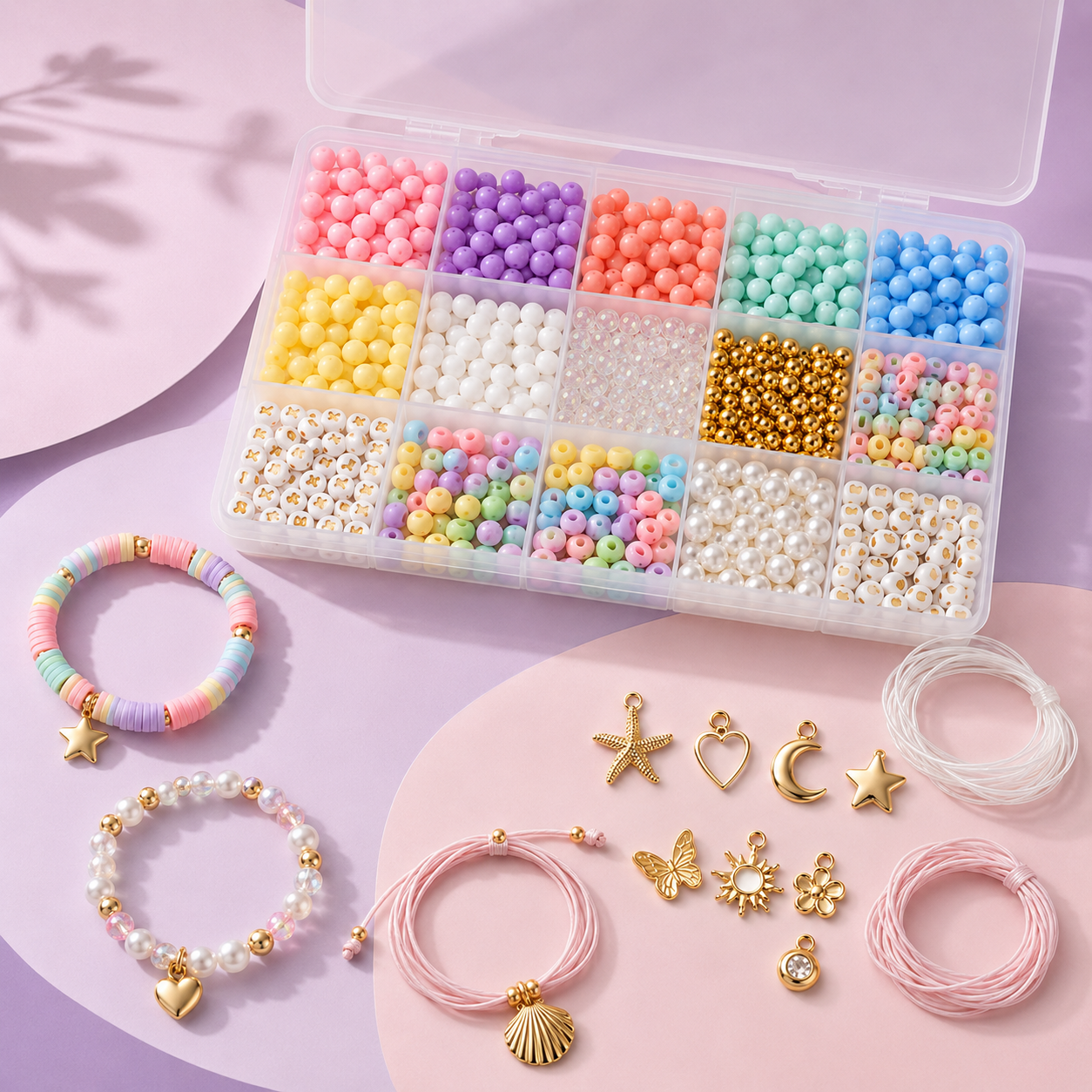 Colorful DIY Beaded Bracelet Making Kit – Pastel Beads, Charms & Elastic Cord Set for Friendship Bracelets, Jewelry Crafts & Creative Gift Making