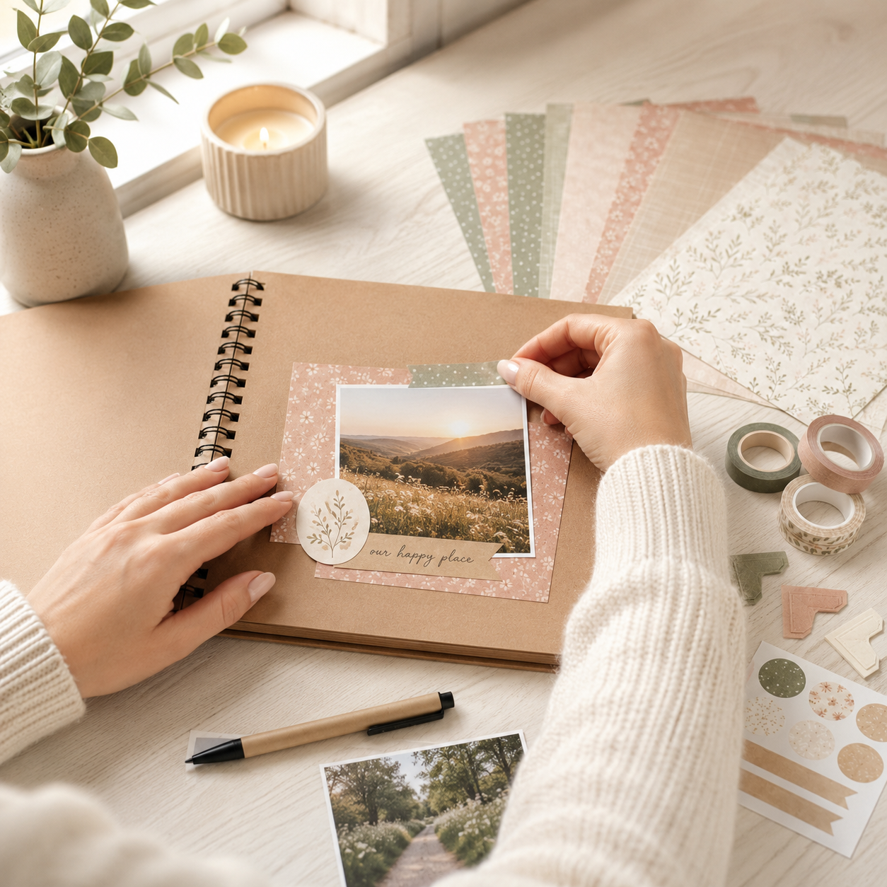 DIY Scrapbook Album Kit – Kraft Spiral Photo Album with Decorative Paper, Washi Tape & Stickers for Memory Books, Journaling & Handmade Gifts