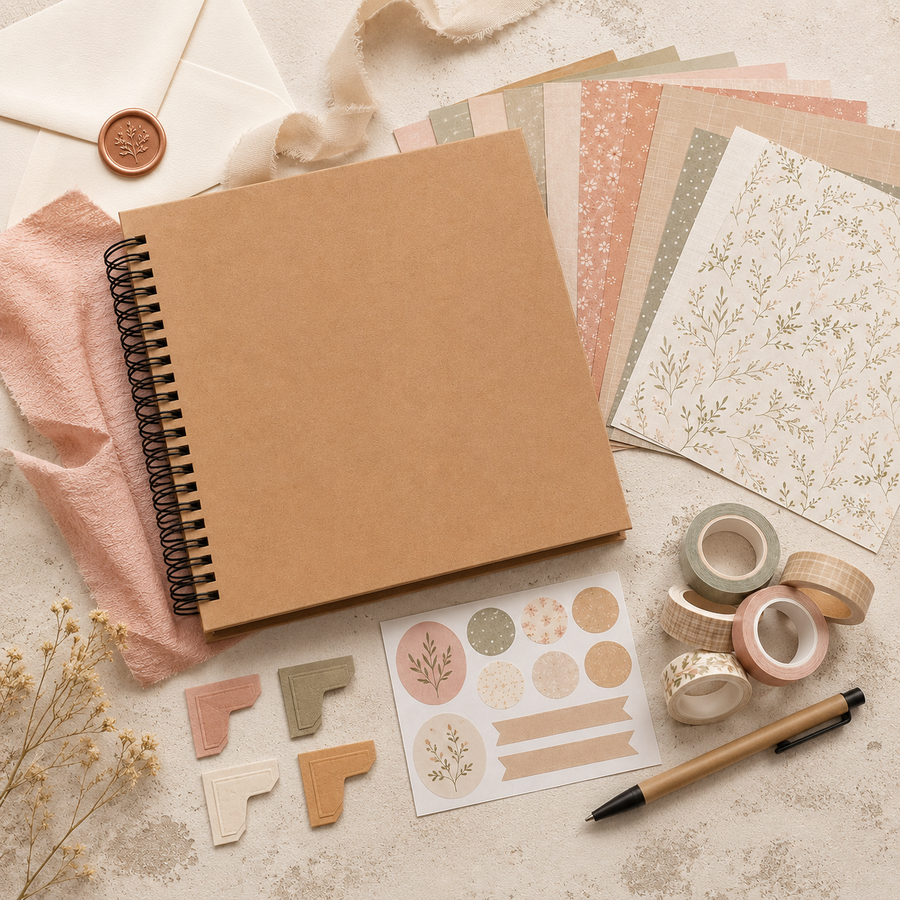 DIY Scrapbook Album Kit – Kraft Spiral Photo Album with Decorative Paper, Washi Tape & Stickers for Memory Books, Journaling & Handmade Gifts