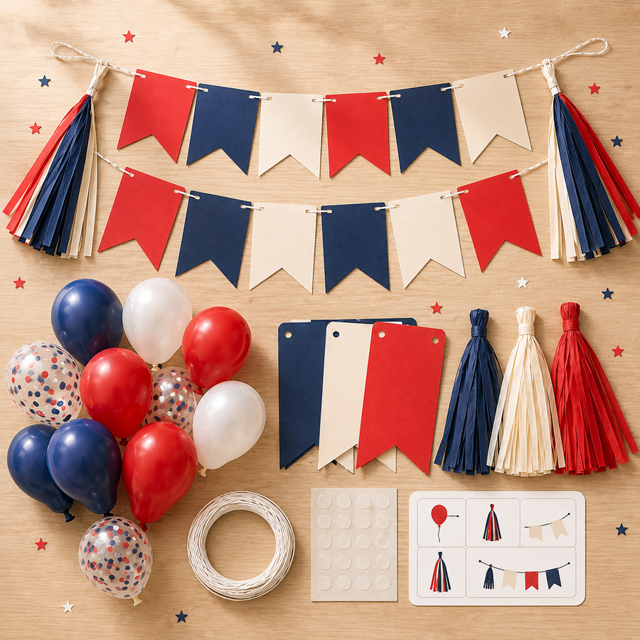Red White & Blue DIY Party Decoration Kit – Patriotic Banner, Paper Tassels, Balloons & Garland Set for Birthdays, Backyard Parties & Holiday Celebrations