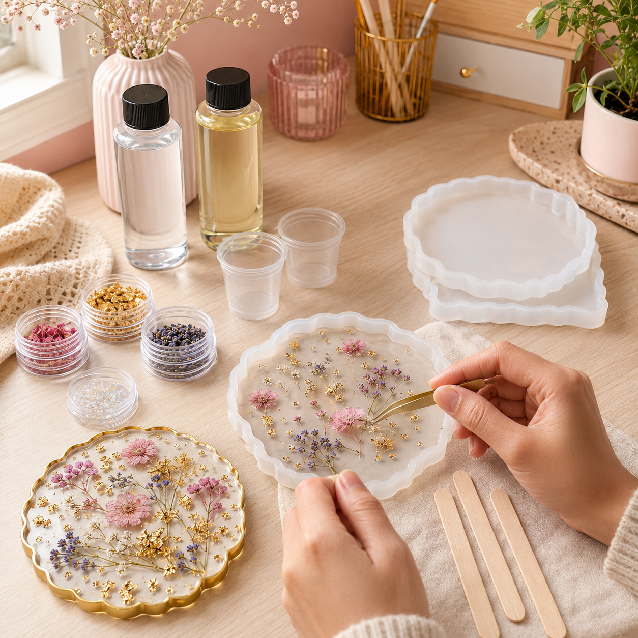 DIY Floral Resin Coaster Kit – Silicone Molds, Dried Flowers, Gold Flakes & Resin Craft Supplies for Handmade Trays, Coasters & Creative Gifts