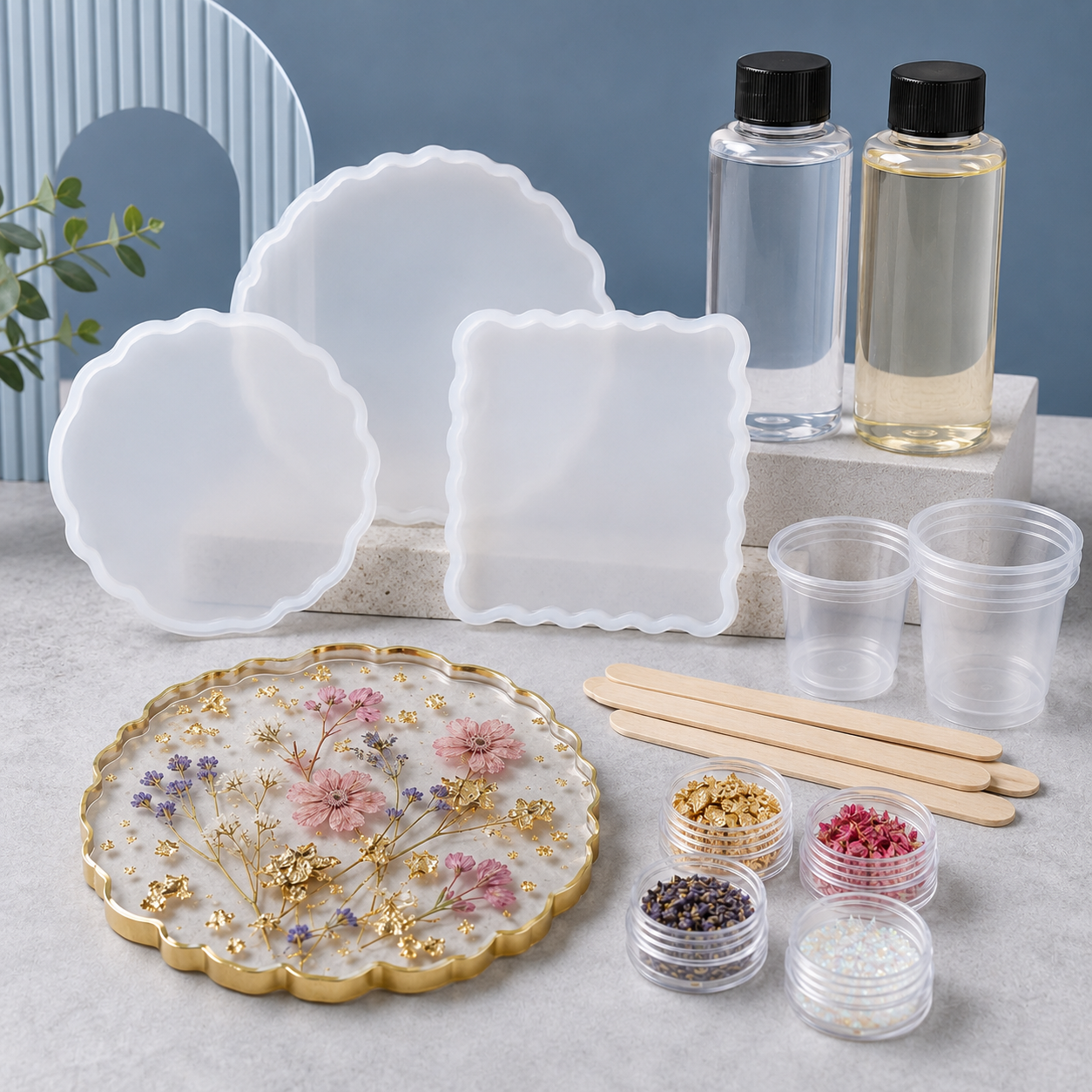 DIY Floral Resin Coaster Kit – Silicone Molds, Dried Flowers, Gold Flakes & Resin Craft Supplies for Handmade Trays, Coasters & Creative Gifts