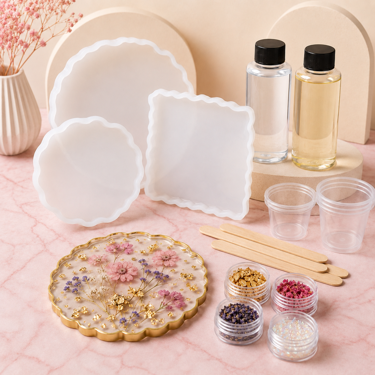 DIY Floral Resin Coaster Kit – Silicone Molds, Dried Flowers, Gold Flakes & Resin Craft Supplies for Handmade Trays, Coasters & Creative Gifts