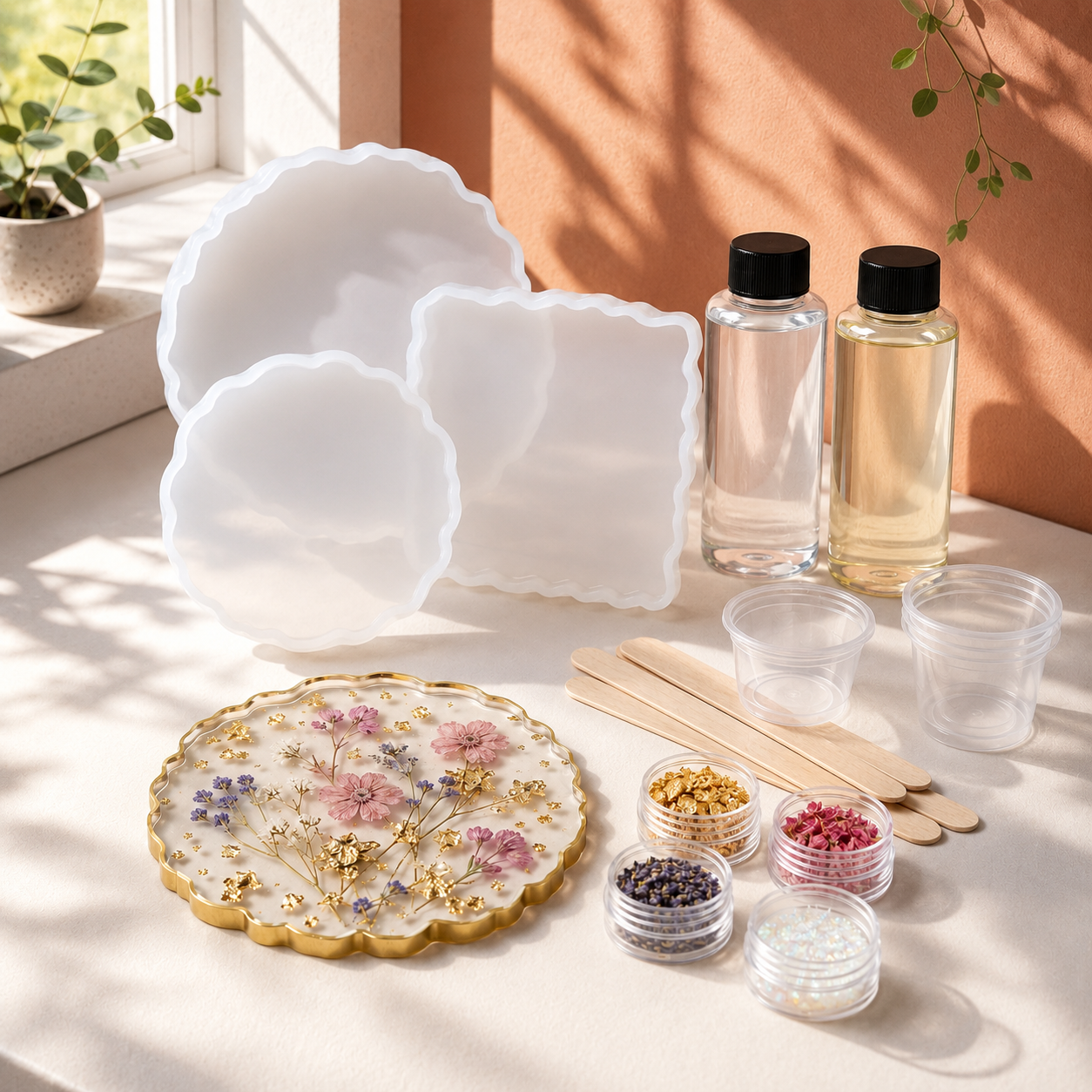DIY Floral Resin Coaster Kit – Silicone Molds, Dried Flowers, Gold Flakes & Resin Craft Supplies for Handmade Trays, Coasters & Creative Gifts