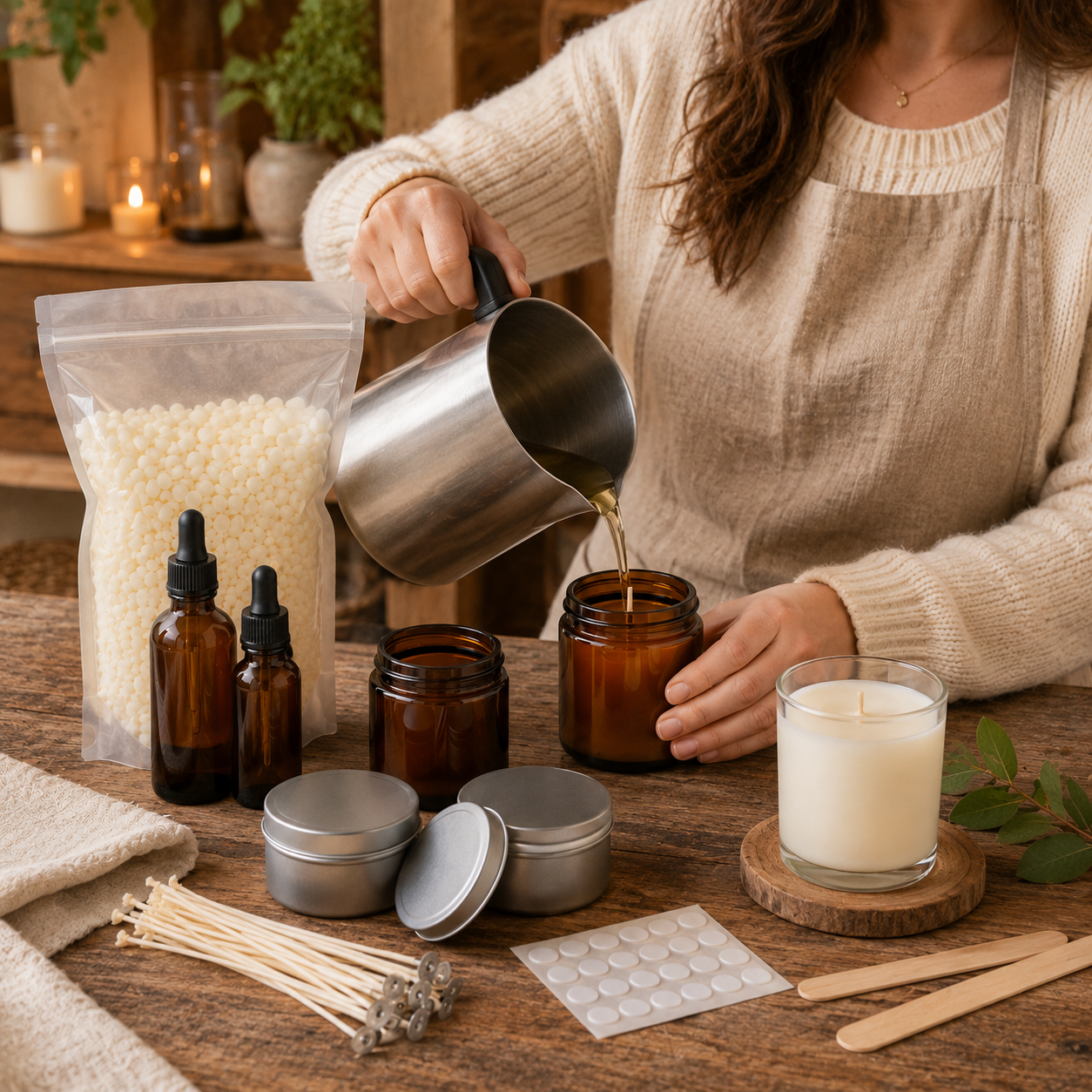 DIY Candle Making Kit – Wax Beads, Melting Pitcher, Amber Jars, Wicks & Candle Supplies for Handmade Candles, Home Décor & Creative Gifts