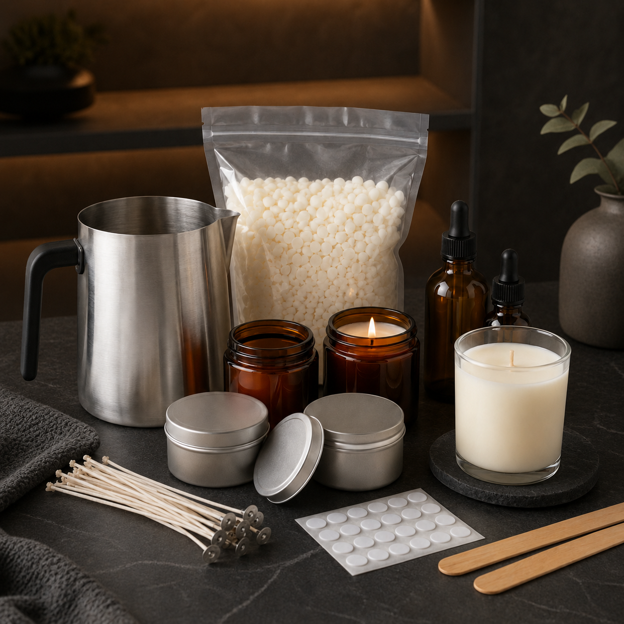 DIY Candle Making Kit – Wax Beads, Melting Pitcher, Amber Jars, Wicks & Candle Supplies for Handmade Candles, Home Décor & Creative Gifts