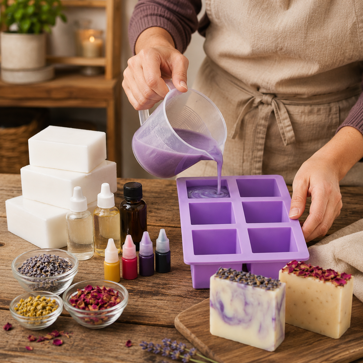 DIY Soap Making Kit – Handmade Soap Craft Set with Silicone Molds, Soap Base, Fragrance Oils, Dried Flowers & Color Drops for Creative Home Gifts
