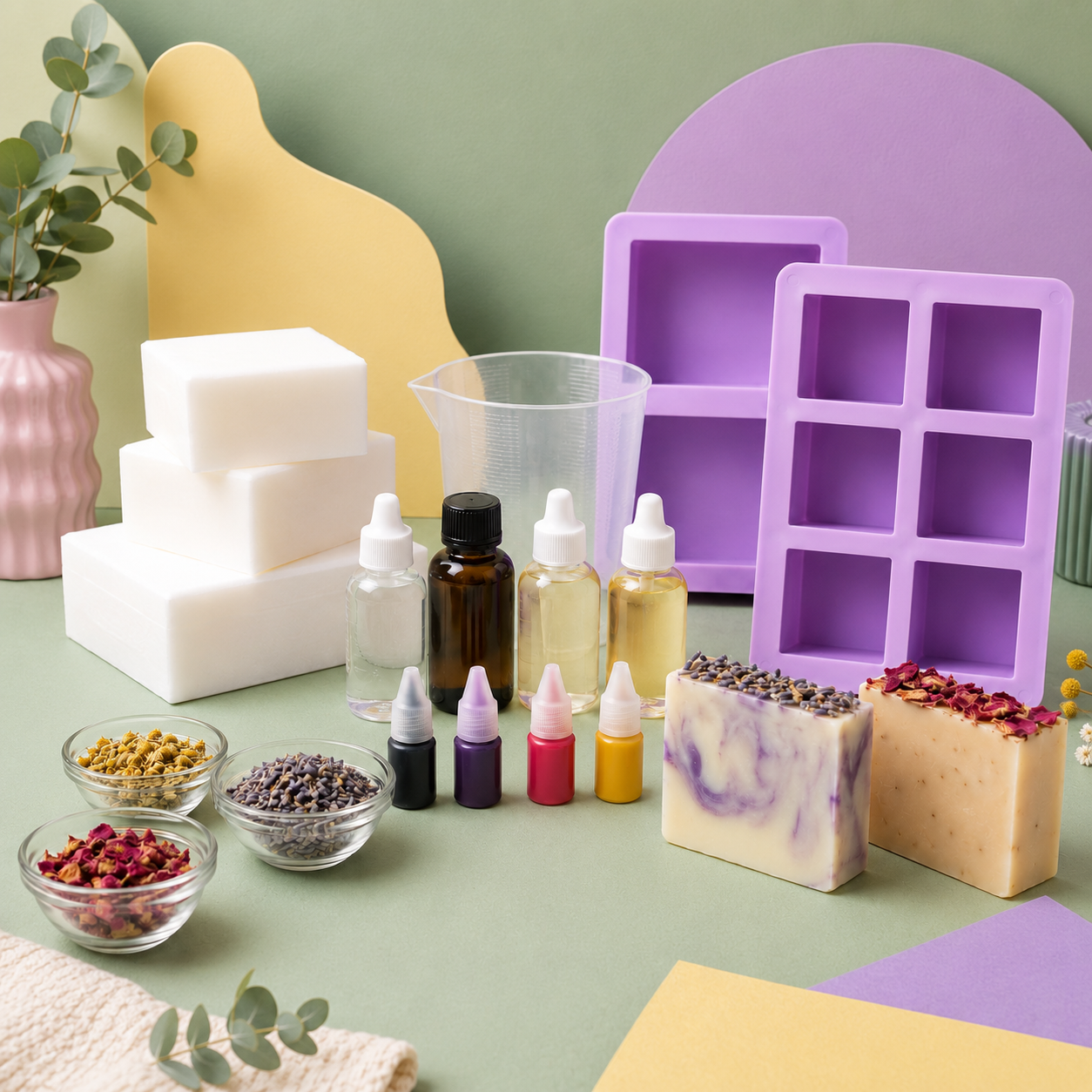 DIY Soap Making Kit – Handmade Soap Craft Set with Silicone Molds, Soap Base, Fragrance Oils, Dried Flowers & Color Drops for Creative Home Gifts