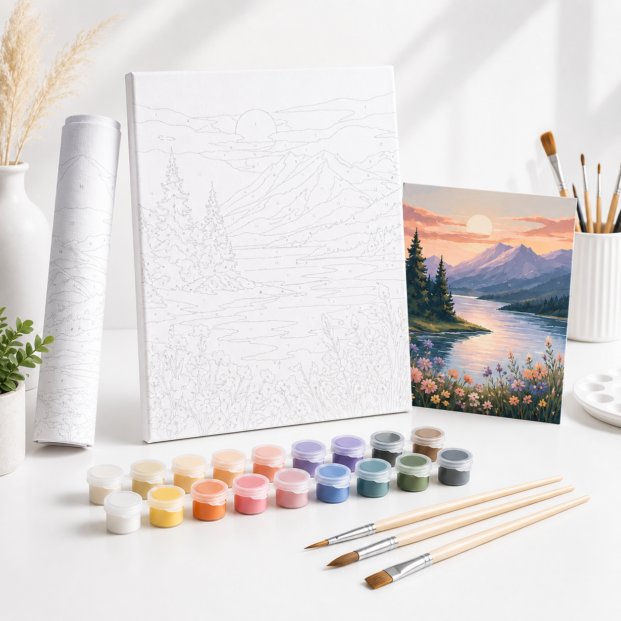 DIY Paint By Numbers Landscape Kit – Numbered Canvas Painting Set with Acrylic Paints, Brushes & Reference Art for Relaxing Home Creativity