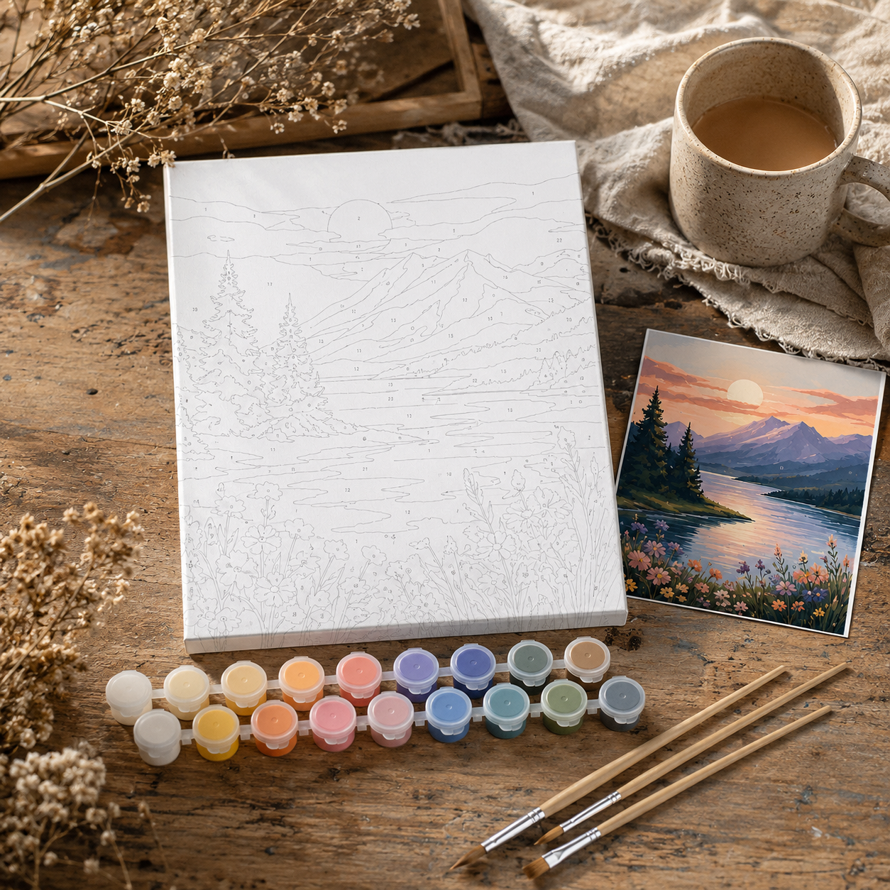 DIY Paint By Numbers Landscape Kit – Numbered Canvas Painting Set with Acrylic Paints, Brushes & Reference Art for Relaxing Home Creativity